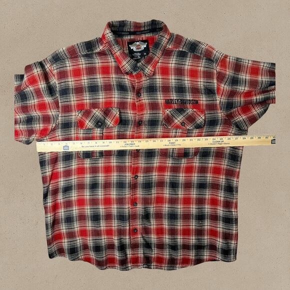 Harley Davidson Men's 3XL Plaid Flannel Button Up Shirt Spell Out Red Gray Black - Picture 4 of 8